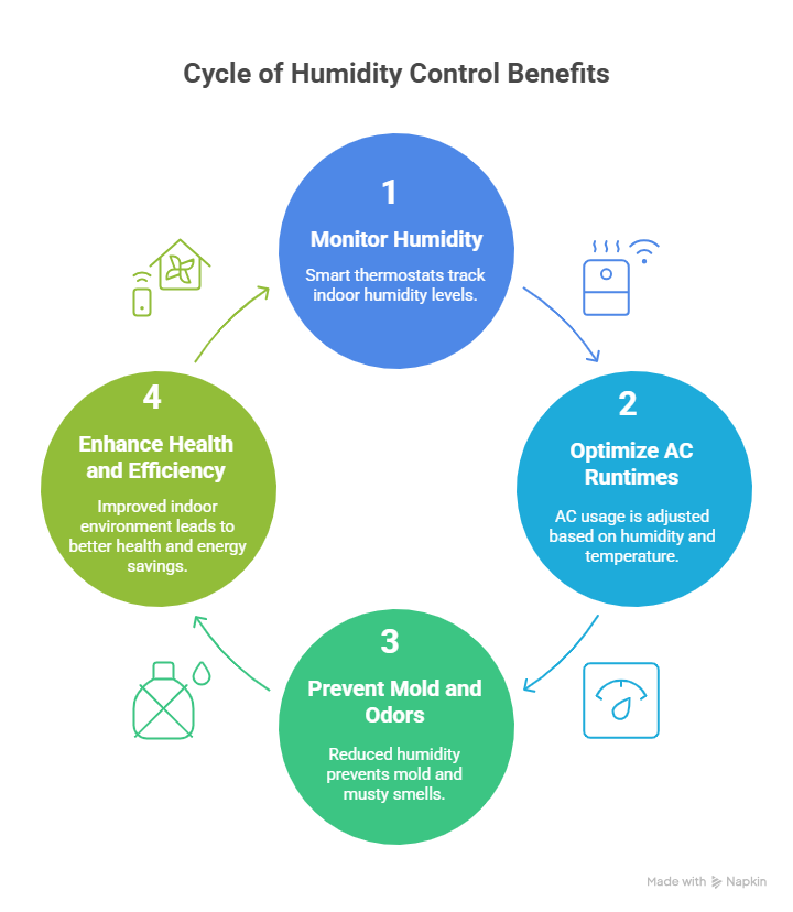 This image is an infographic titled "How a Smart Thermostat Improves Comfort and Efficiency." It illustrates a four-step cyclical process demonstrating the benefits of humidity control.
The infographic is designed as a circular flow diagram with four colored circles, each representing a key benefit, connected by dotted lines in a clockwise direction.